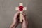 A red remembrance poppy on a wooden cross. Military remembrance day concept