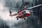 Red rescue helicopter extinguishes a forest fire by dropping a large amount of water on a burning coniferous forest