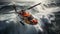 Red rescue helicopter lifts people out of a stormy sea.