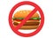 A red restricted sign over a hamburger fast food