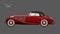 Red retro car on gray background. Vintage cabriolet in realistic style. Side view. 3d vehicle. Detailed image