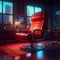 Red retro gaming chair in cyberpunk style. Very comfortable futuristic red leather chair.