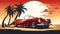 Red retro roadster car with surfing boards on the beach with palm silhouettes on background. Summer time themed vector