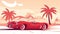 Red retro roadster car with surfing boards on the beach with palm silhouettes on background. Summer time themed vector