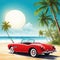 Red retro roadster car with surfing boards on the beach with palm silhouettes on Summer time themed illustration