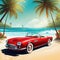 Red retro roadster car with surfing boards on the beach with palm silhouettes on Summer time themed illustration