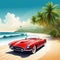 Red retro roadster car with surfing boards on the beach with palm silhouettes on Summer time themed illustration