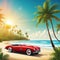 Red retro roadster car with surfing boards on the beach with palm silhouettes on Summer time themed illustration