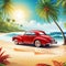 Red retro roadster car with surfing boards on the beach with palm silhouettes on Summer time themed illustration