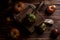 Red ribbed tomatoes on a beautiful wooden cutting board on a wooden background. Low key photo.