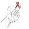 Red ribbon Aids in hands continuous one line drawing. Support hope for cure vector illustration with red loops and lettering. HIV