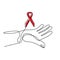 Red ribbon Aids in hands continuous one line drawing. Support hope for cure vector illustration with red loops and lettering. HIV