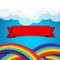 Red ribbon banner on rainbow clound and sky background