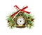 Red ribbon bow and Christmas clock with pine twigs and golden ga