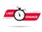 Red ribbon with clock and last chance seal. Sale banner with countdown alarm clock for retail, shop, social media, advertising.