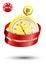 Red ribbon for text around realistic gold mechanical stopwatch with hands and clock face. Countdown, speed measurement. Color