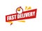 Red ribbon with text Fast delivery and clock. Sticker with says Fast delivery.