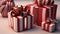 Red ribbon-wrapped gifts, radiating festive and celebratory spirit