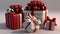 Red ribbon-wrapped gifts, radiating festive and celebratory spirit