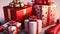 Red ribbon-wrapped gifts, radiating festive and celebratory spirit