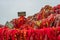 Red ribbons and padlocks along trail on Huashan Mountain