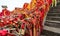 Red ribbons and padlocks along trail on Huashan Mountain