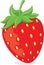 Red ripe cartoon strawberry symbol with green leaves.