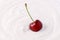 Red ripe cherry berry falling into milk pudding or yogurt. Healthy vitamins and minerals food