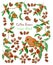 Red ripe coffee fruits branches, green leaf, orange bird and brown coffee beans illustration pattern and texts