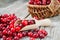 Red ripe cranberries, wooden scoop and basket of berries.