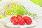 Red ripe strawberries on a white plate, backlit