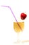 Red and ripe strawberry on wineglass with tube with drink
