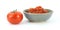 Red ripe tomato and a bowl of crushed tomatoes