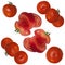 Red ripe tomatoes, whole and sliced repeated on a white background. Seamless isolated pattern