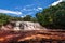 Red river flows into a waterfall at Presidente Figueiredo near Manaus, Amazon in Brazil, South America