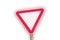 Red road sign isolated. Defocus blank empty triangle red warning road sign on white background. Danger direction. Shadow