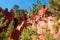 Red rock formations and trees on Le Sentier des Ocres in Roussillon in France