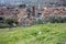 The red roofs of the inhabited houses, the church and the bell tower of the pietrasanta cathedral seen from the green of a hill at