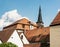 Red roofs and tower of church in Schwabach city, Germany