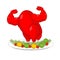 Red rooster strong on plate with vegetables. Red Symbol of
