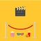 Red rope barrier stanchions turnstile Open movie clapper board 3D glasses popcorn soda hamburger template icon. Flat design