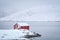 Red rorbu house in winter, Lofoten islands, Norway