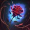 a red rose with blue light shining through it\\\'s petals and leaves on a dark background with a swirly pattern