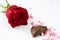 Red rose, chocolate bonbon with heart shape and candies