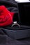 Red rose and diamond ring in a box