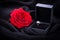 Red rose and diamond ring in a box