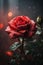 Red Rose Enveloped in Mist with Glistening Water Droplets and Warm Lighting.