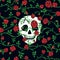 Red rose floral seamless pattern with climbing curly flower, green leaf and skull or cranium.