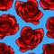 Red rose flower bouquets contour elements seamless pattern on blue background