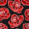 Red rose flower bouquets contour elements seamless pattern on dark background